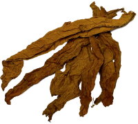 Ein Bündel gefalteter Rohtabakblätter.